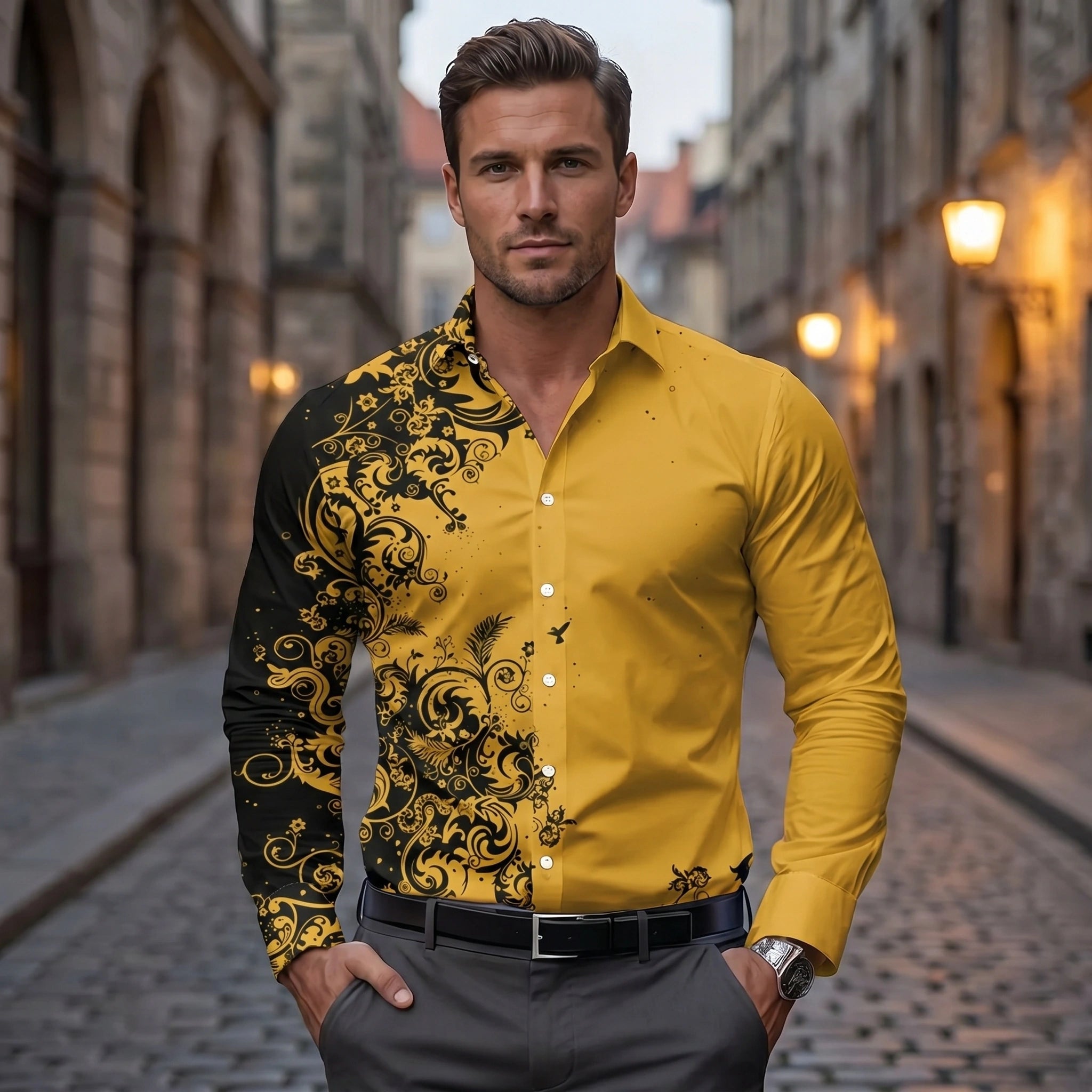 Close up view of the Mens Vibrant Casual Spring Shirt showing the intricate stitching and lightweight fabric in a colorful, perfect for casual spring outings.