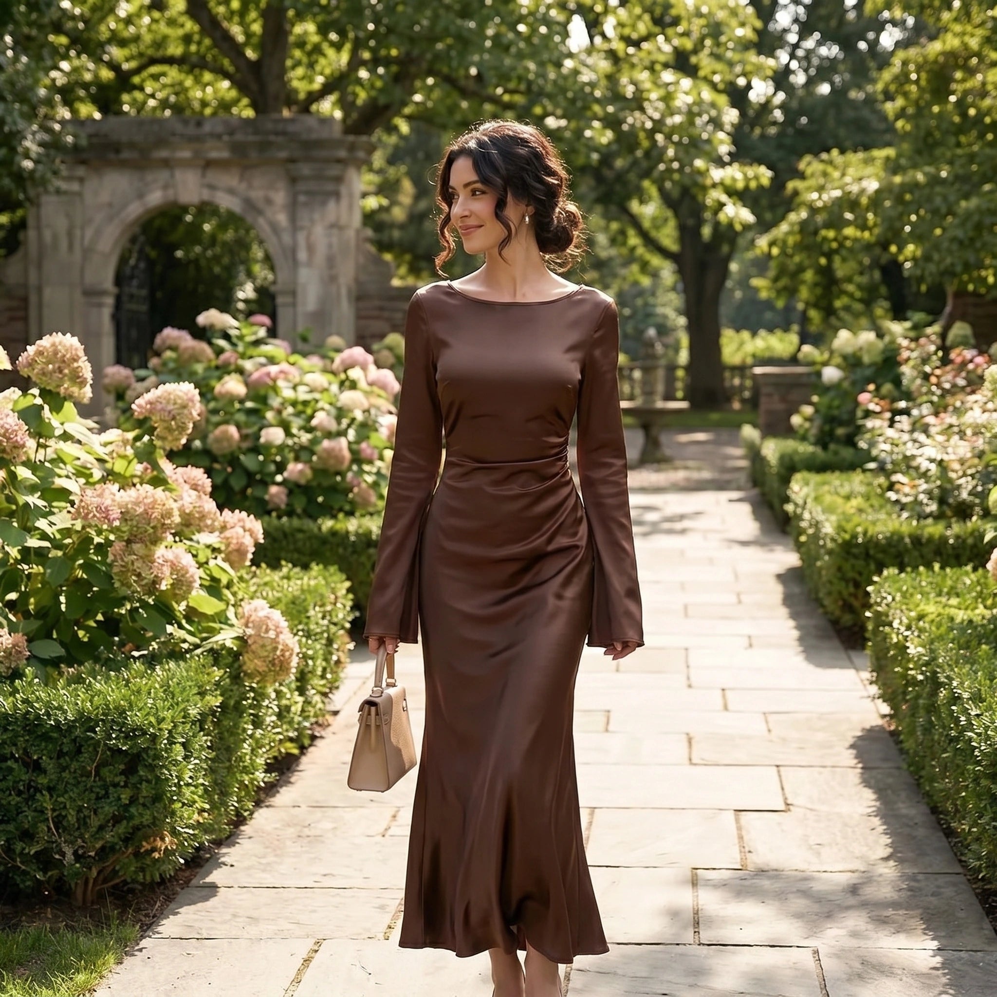 Close up view of the Womens Flowy Dress showing intricate stitching and soft fabric draping, ideal for weddings and special occasions.