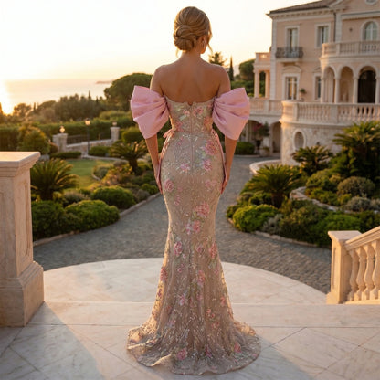 Close up of the Women's Sparkly Evening Gown showing shimmering fabric, intricate stitching, and a flattering silhouette against a softly blurred background.