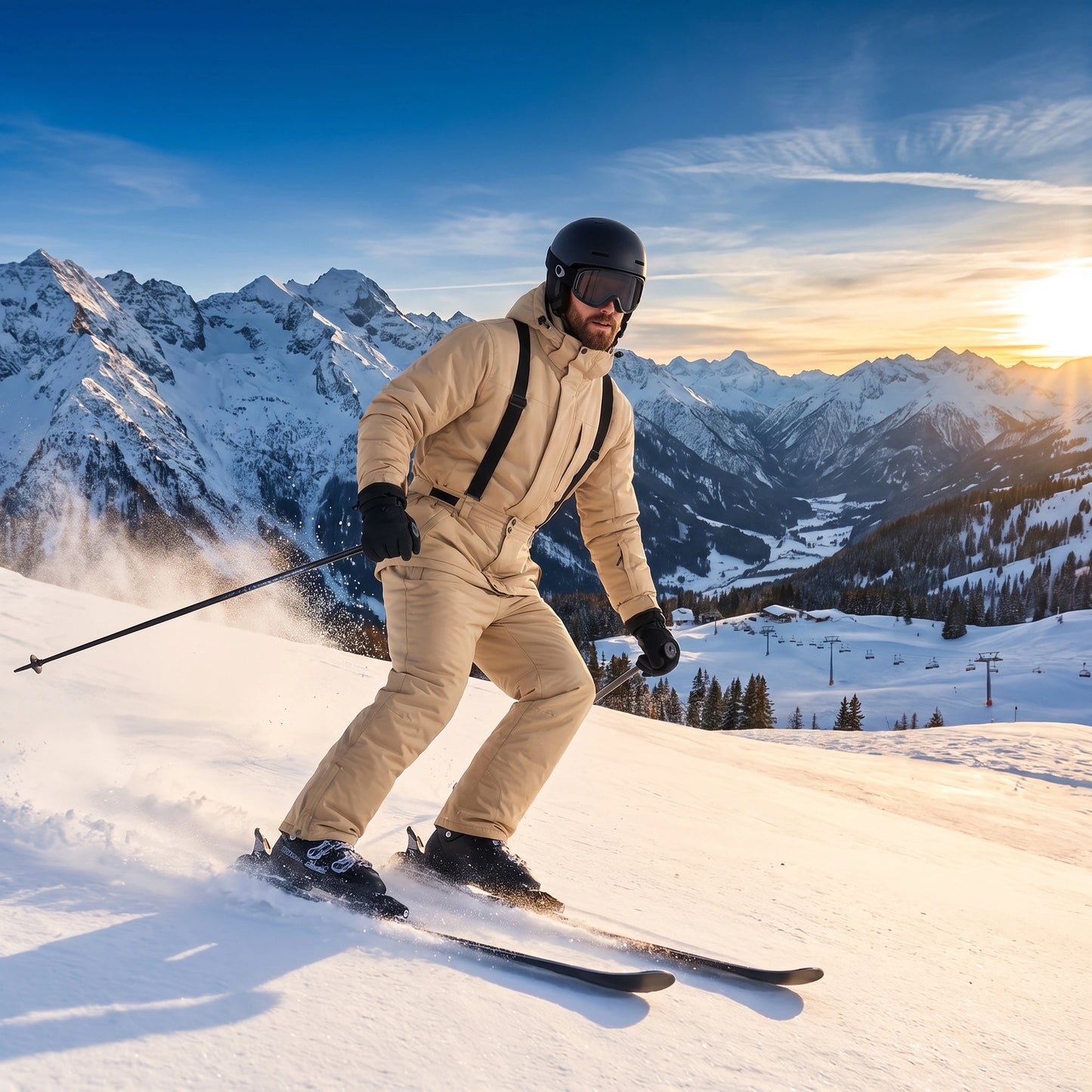 Close up view of the durable fabric and precise stitching of the men's warm windproof winter ski pants, showing their quality and functionality for winter sports.