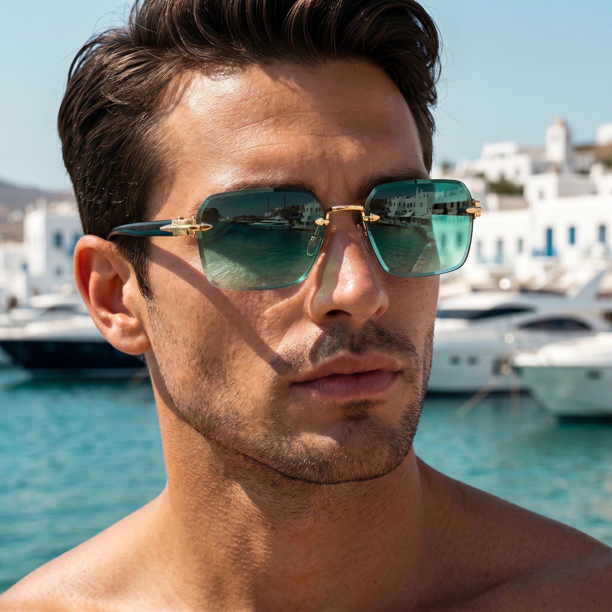 A model showcases the Mens Rimless Summer Sunglasses, styled with a light linen shirt and casual shorts against a vibrant outdoor backdrop.