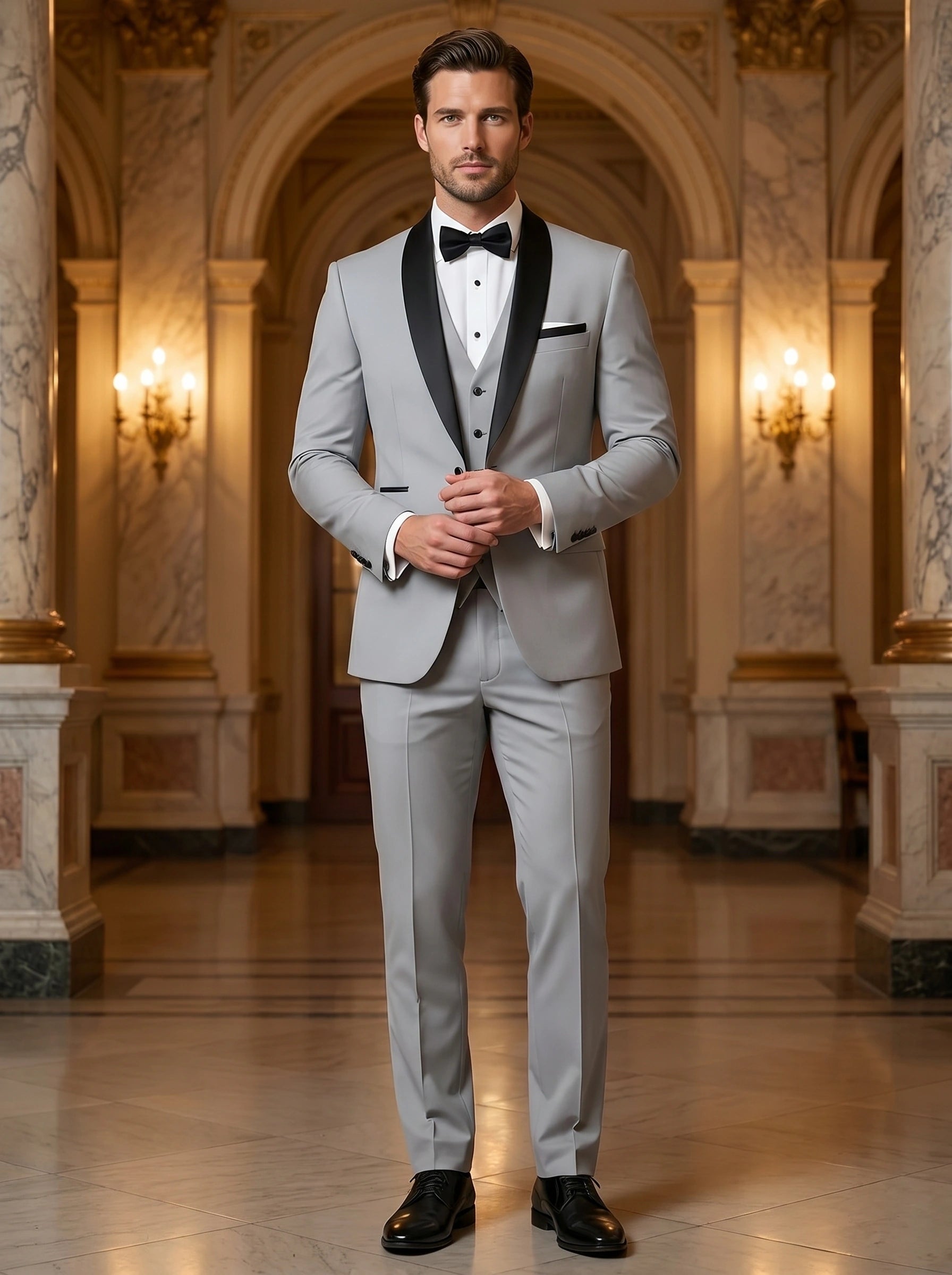 Close up view showing the luxurious fabric and meticulous stitching of the men's tailored formal suit set in a sophisticated neutral tone.