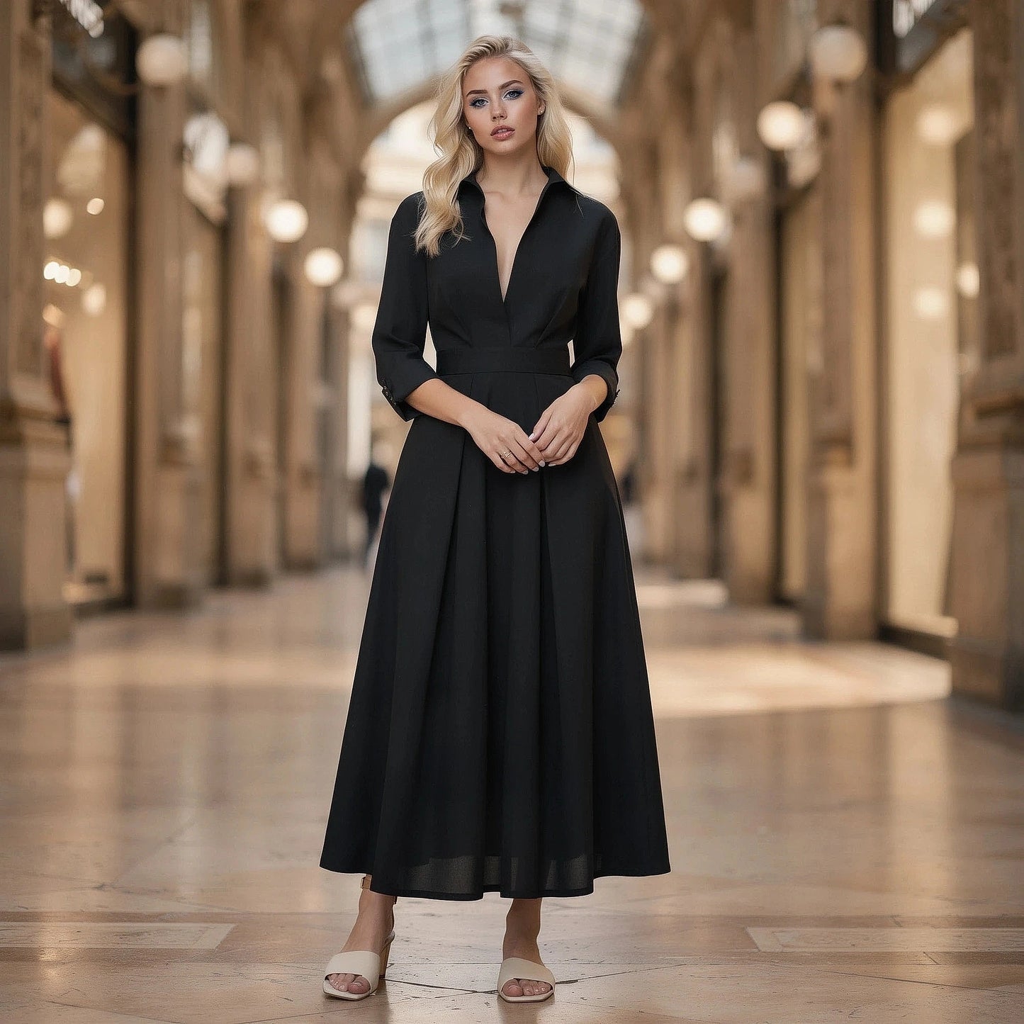 View of a flowing midi dress in soft fabric, featuring a button and elegant draping in a light pastel color