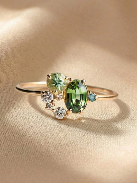Elegant delicate zircon ring for women featuring a shimmering peridot stone, view showcasing its intricate design and craftsmanship