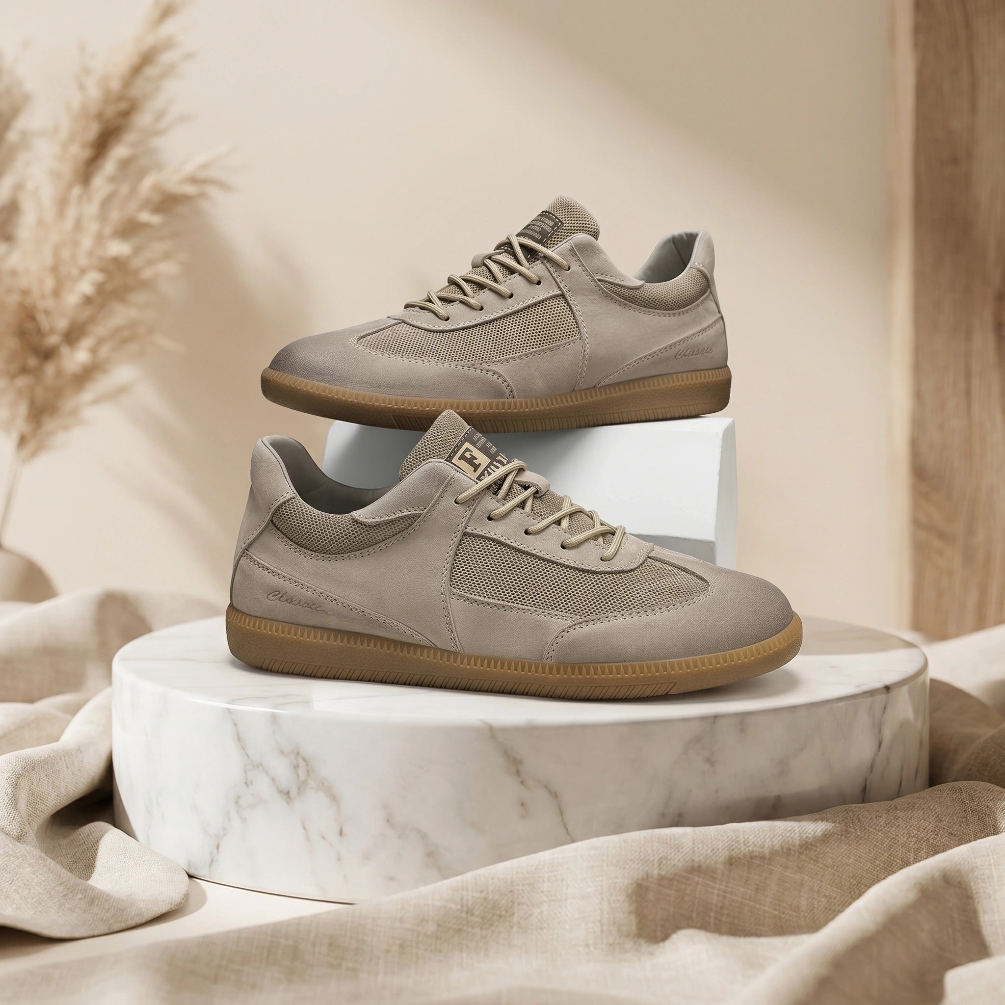 Back view of men's classic lace up sneakers showing the sleek construction, showing a versatile color palette perfect for casual outings.