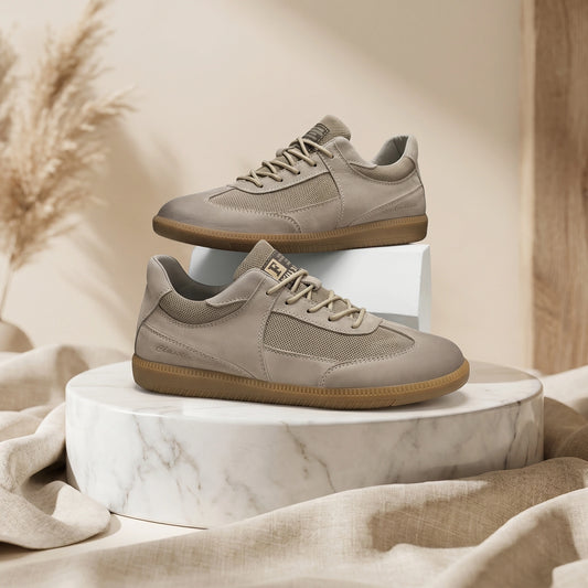 Back view of men's classic lace up sneakers showing the sleek construction, showing a versatile color palette perfect for casual outings.