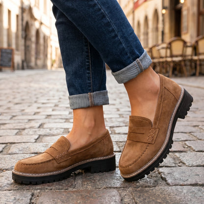 Close up view showing the luxurious fabric and precise stitching of the Womens Supportive Loafers, emphasizing their quality and sophisticated design.