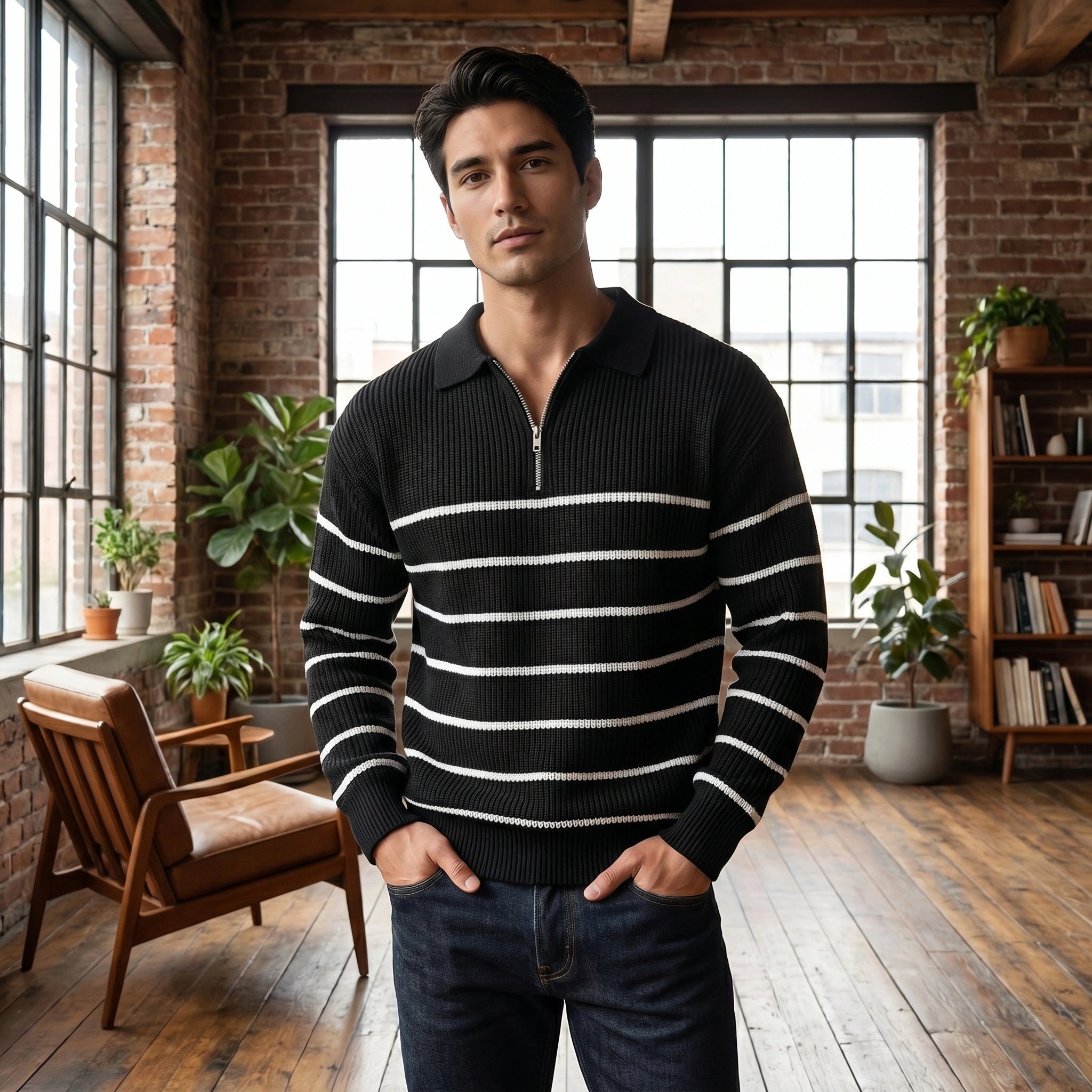 Close up view of the mens distinctive striped quarter zip sweater showing the textured fabric, detailed stitching, and modern design elements against a neutral background.