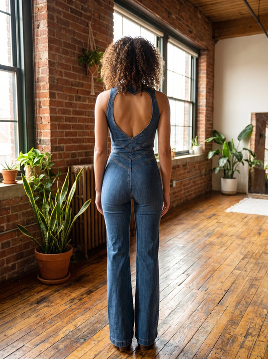 Back view of a model wearing a playful backless denim jumpsuit, showing its construction details and vibrant blue color against a summer festival backdrop.