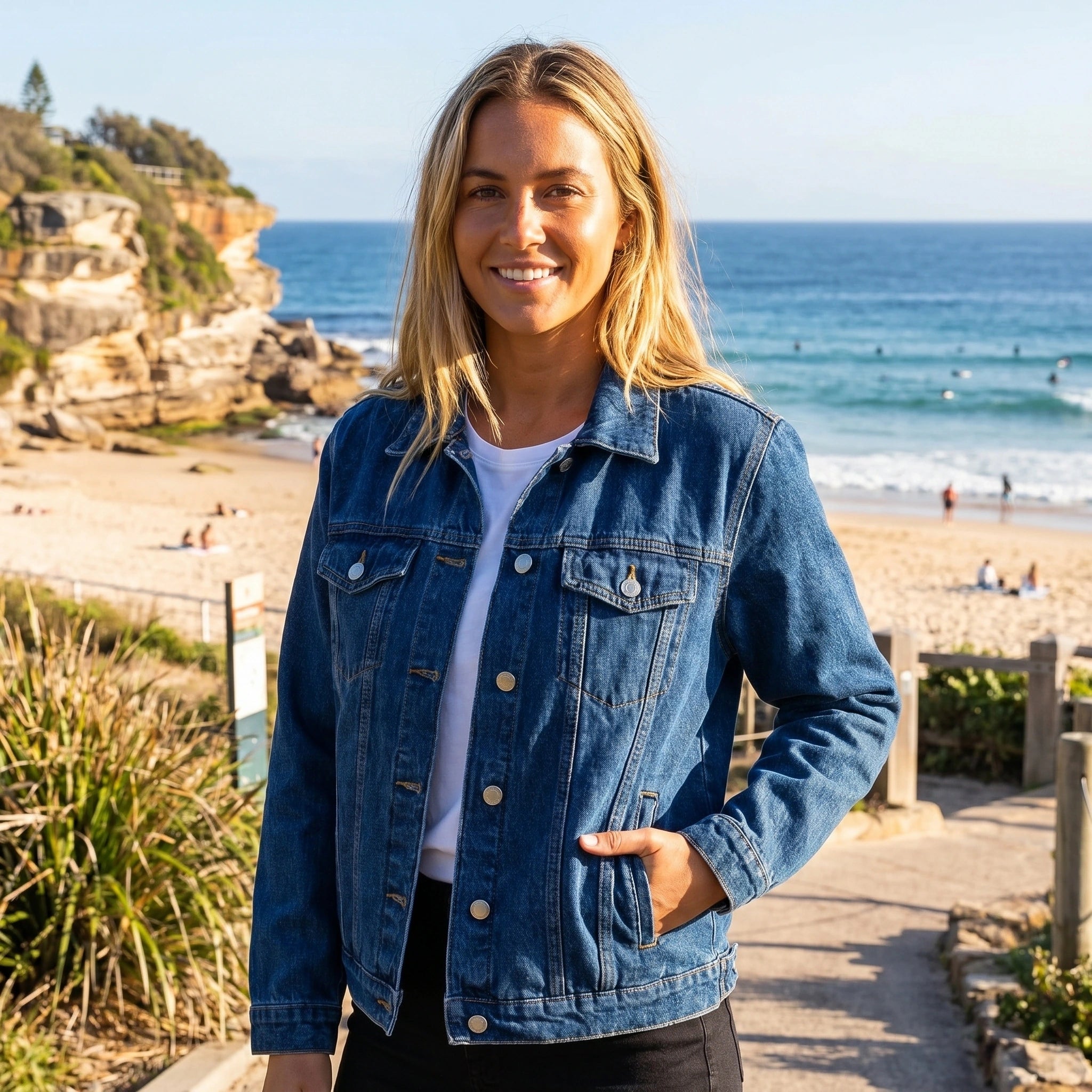 Close up of the Womens Effortless Relaxed Denim Jacket showing the soft fabric texture and precise stitching in a classic blue hue.