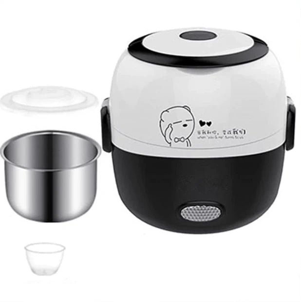 View of a stylish portable electric lunch box steamer in sleek gray, showcasing the lid and steam vent features