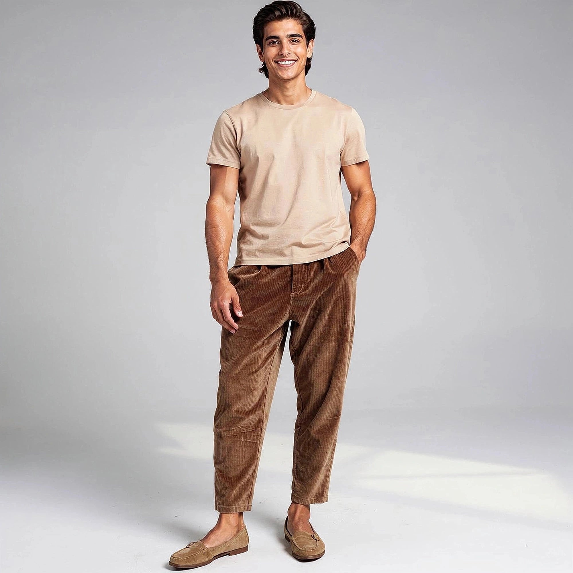 View of relaxed fit corduroy trousers in a warm beige color, featuring pockets and a comfortable waistband