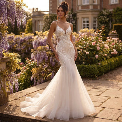 Close up view of the intricate stitching and luxurious fabric of the Womens Backless Wedding Dress, showing its delicate design and craftsmanship.