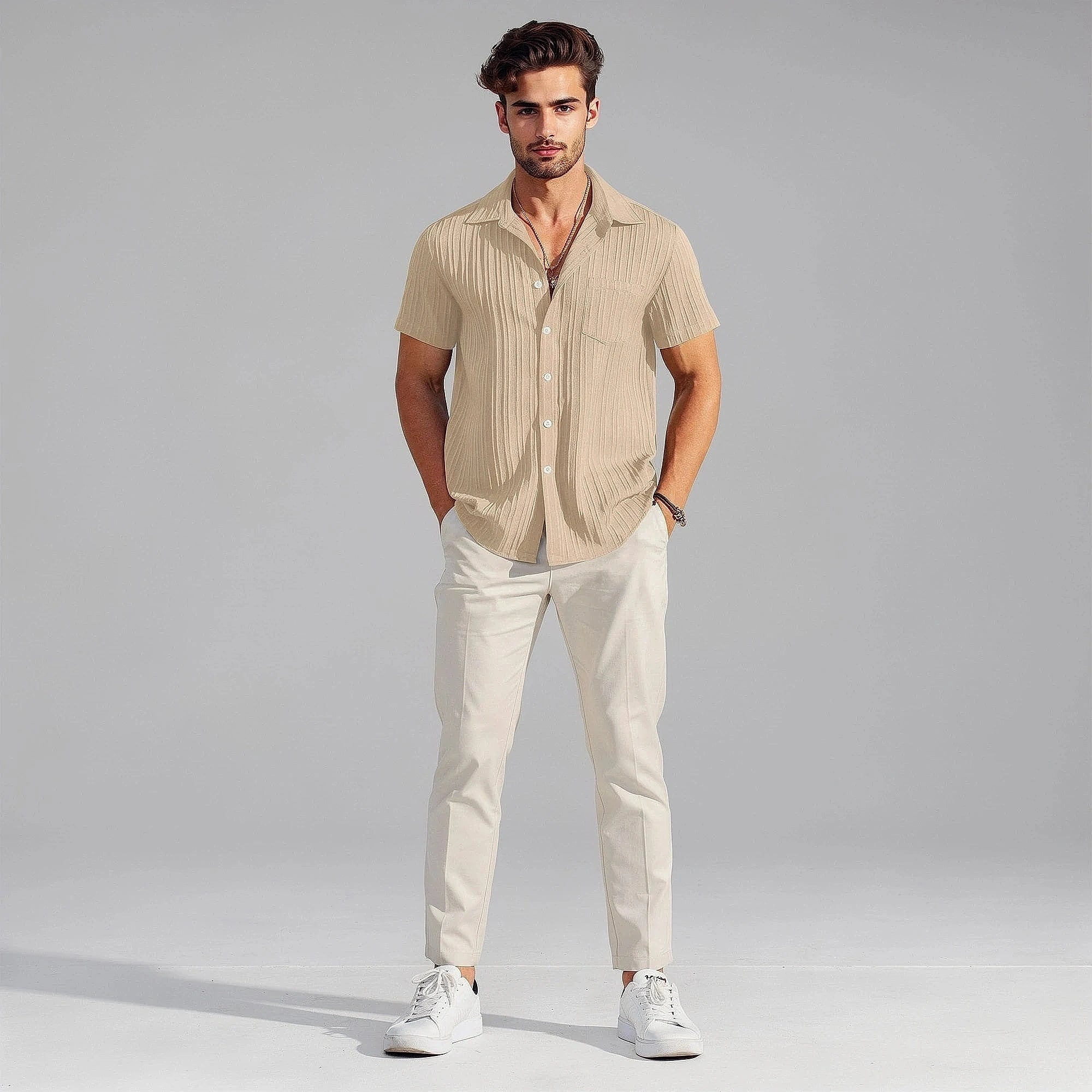 Light blue linen shirt with a relaxed fit, featuring a button down collar and short sleeves, view
