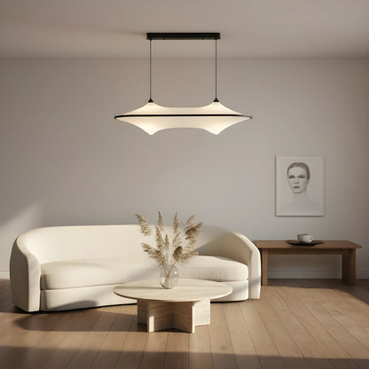 Close up view of the sleek modern iron pendant light fixture, showing its minimalist design, smooth curves, and intricate detailing against a white background.