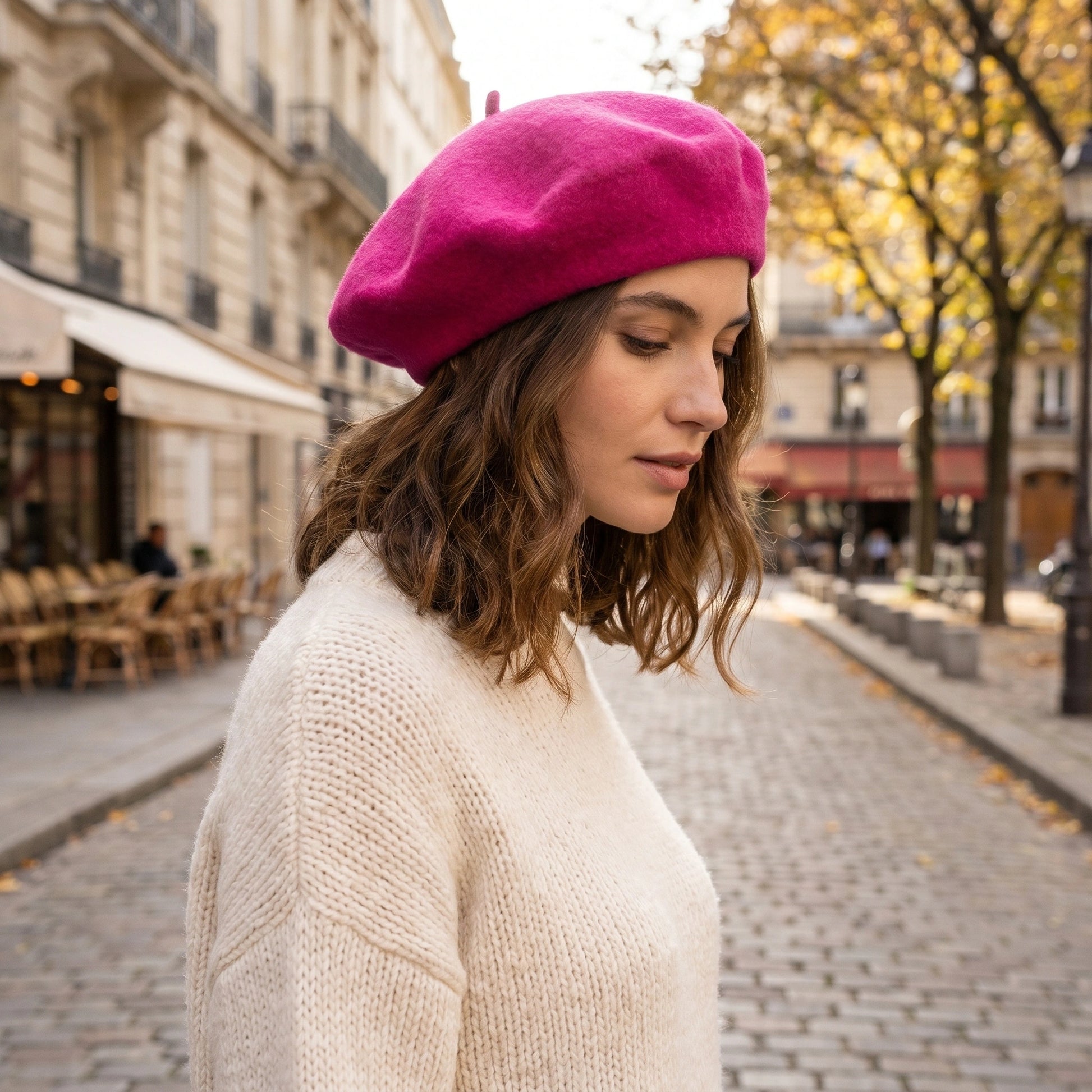 Close up view of the Womens Timeless Classic Winter Beret showing the soft wool fabric, detailed stitching, and design perfect for winter outfits.