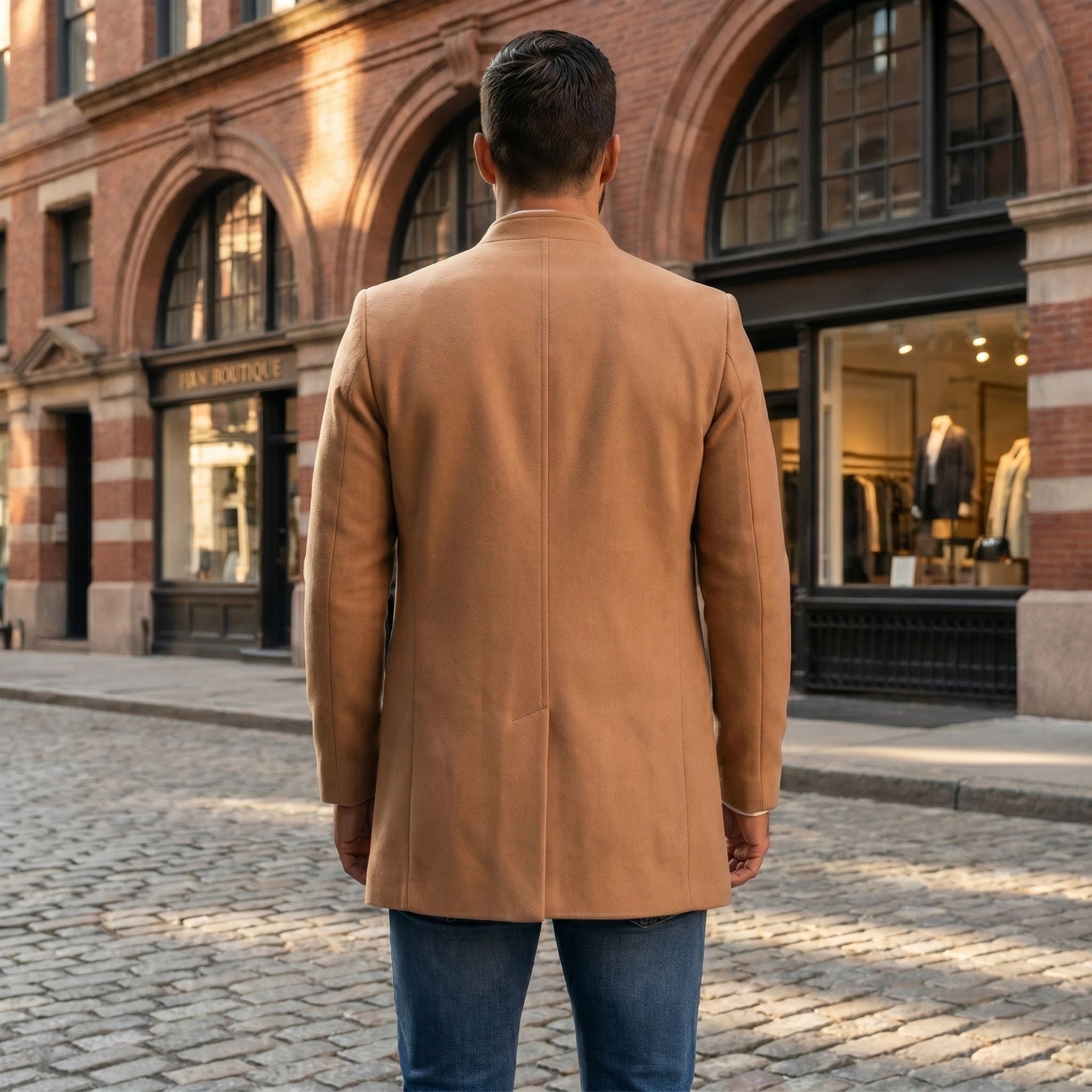 A model showcases the Mens Sophisticated Slim Fit Jacket in a sleek charcoal hue, styled with tailored trousers against a minimalist backdrop.