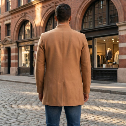 A model showcases the Mens Sophisticated Slim Fit Jacket in a sleek charcoal hue, styled with tailored trousers against a minimalist backdrop.