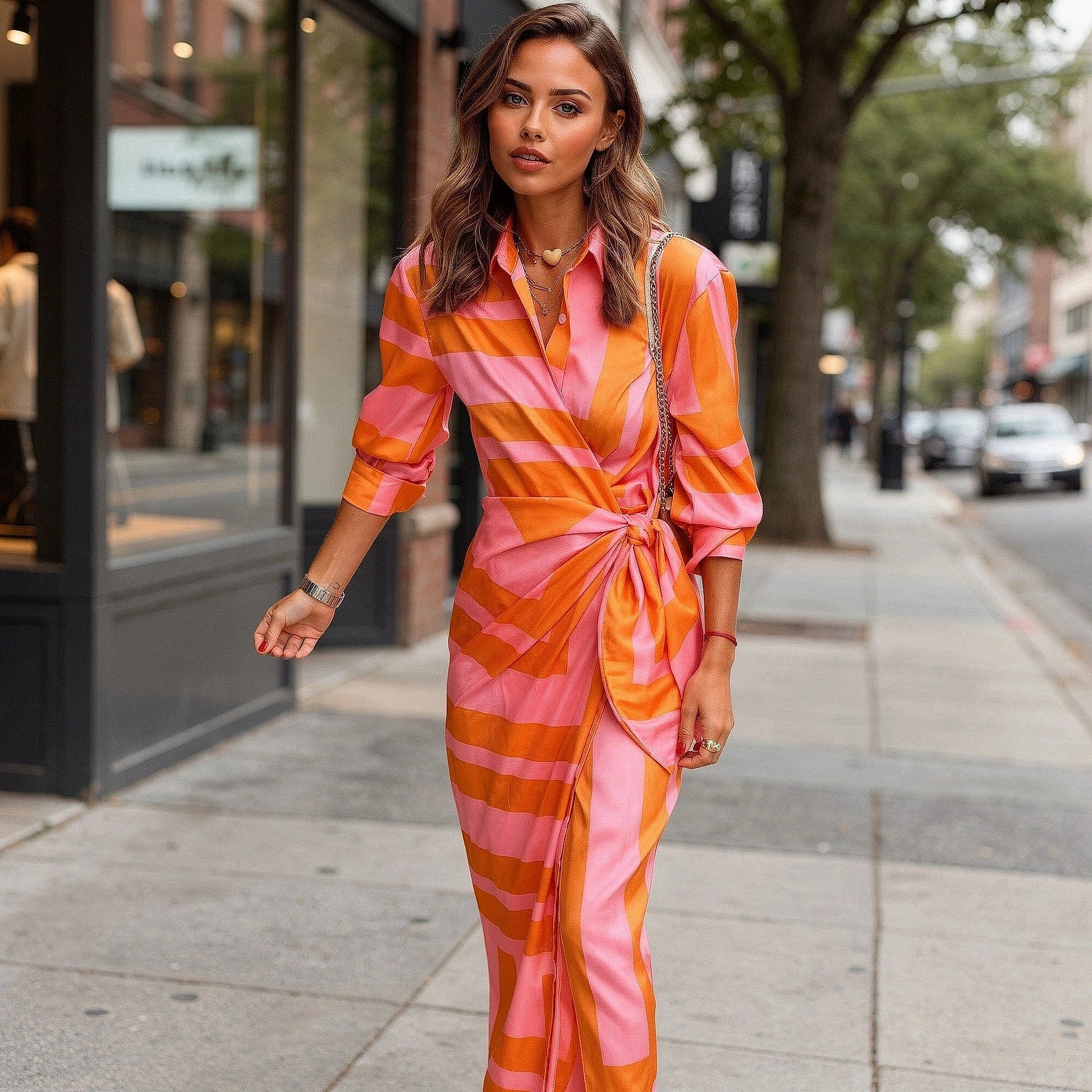 View of a women's wrap dress featuring a vibrant floral print, short sleeves, and a flattering silhouette