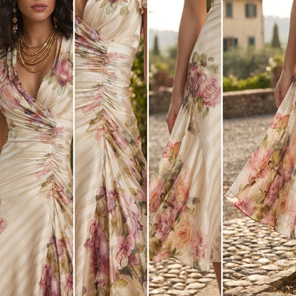 Close up view of the floral print fabric and ruffle detailing on the waist of the women's A line dress, showing its design and craftsmanship.