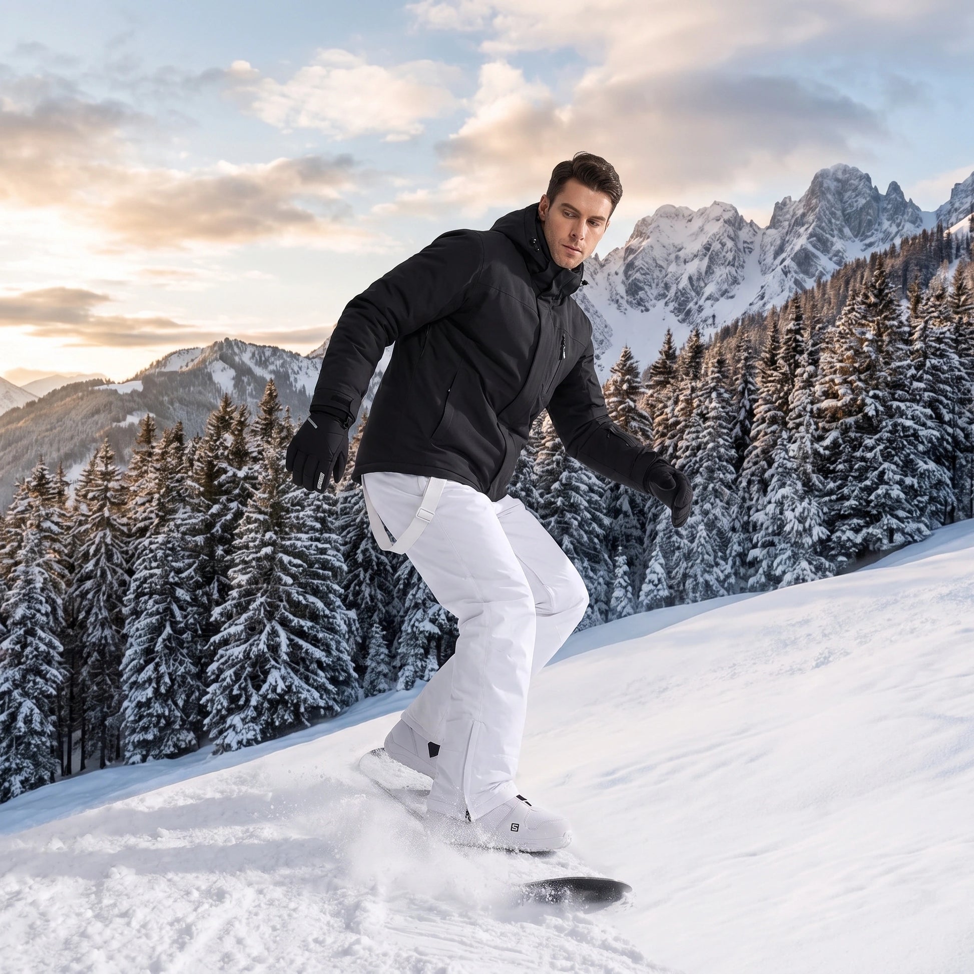 Close up of the men's warm windproof winter ski pants showing the durable fabric and precise stitching, ideal for winter adventures on the slopes.