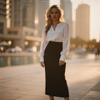 Elegant slim midi skirt in soft black fabric, featuring a fitted silhouette and a view showcasing its flattering shape