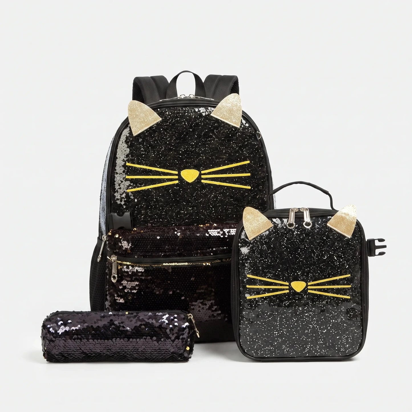 View of a shimmering cat face school backpack featuring adjustable straps and a spacious compartment in pastel colors