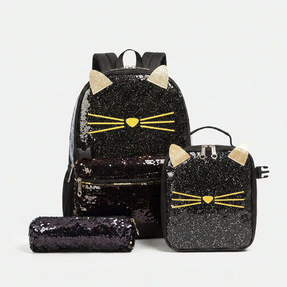 View of a shimmering cat face school backpack featuring adjustable straps and a spacious compartment in pastel colors