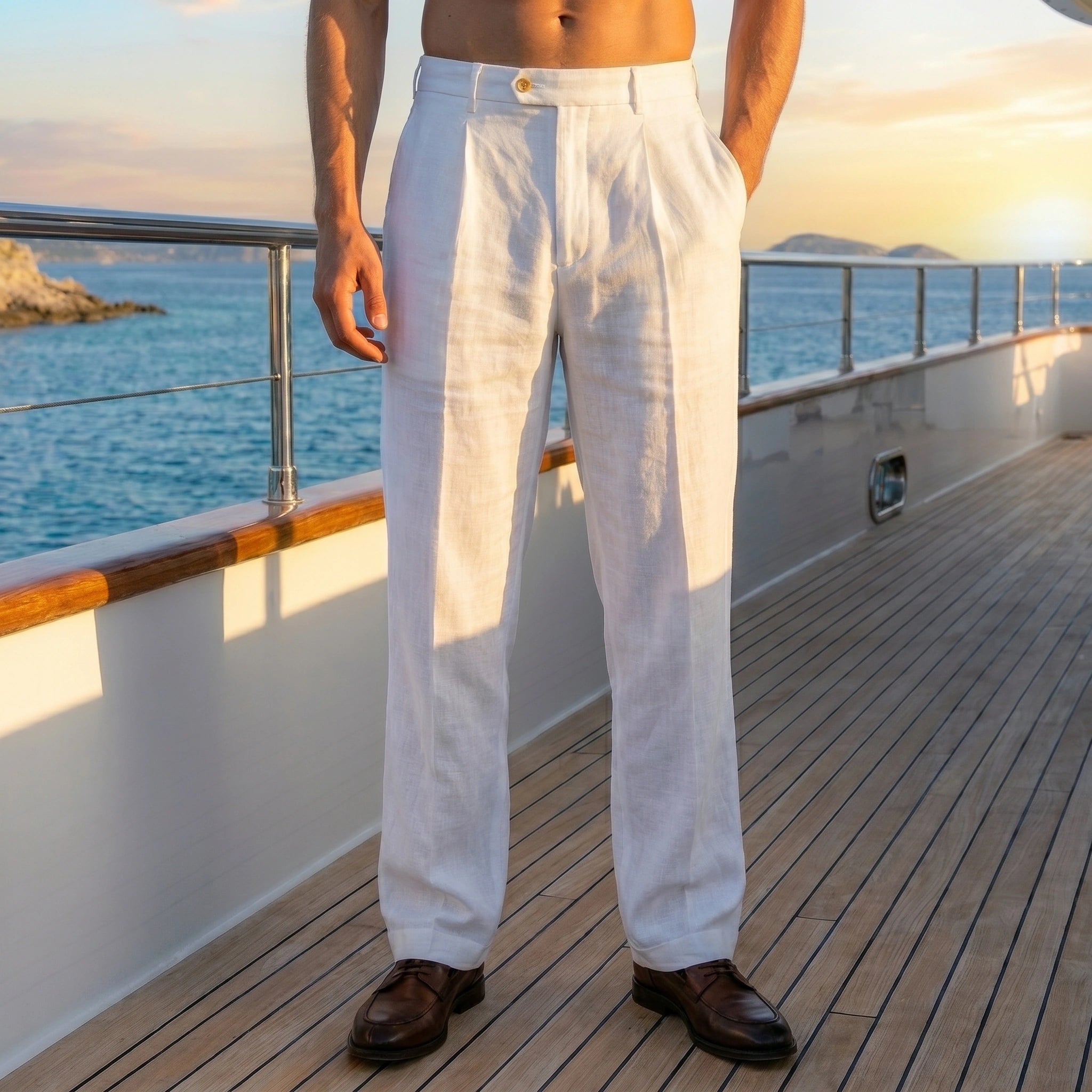 Close up view of the breathable linen fabric showing fine stitching details of the relaxed summer pants in a light beige color.