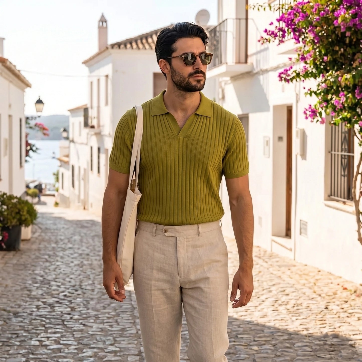 Close up view of the Men's Versatile Summer Polo Shirt showing the fine stitching and breathable fabric texture against a neutral background.