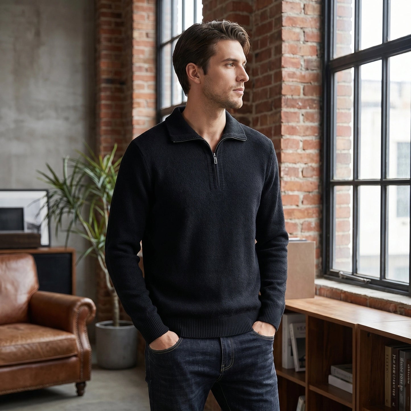 Close up view of the men's relaxed quarter zip sweater showing the soft fabric texture and detailed stitching in a classic neutral color.