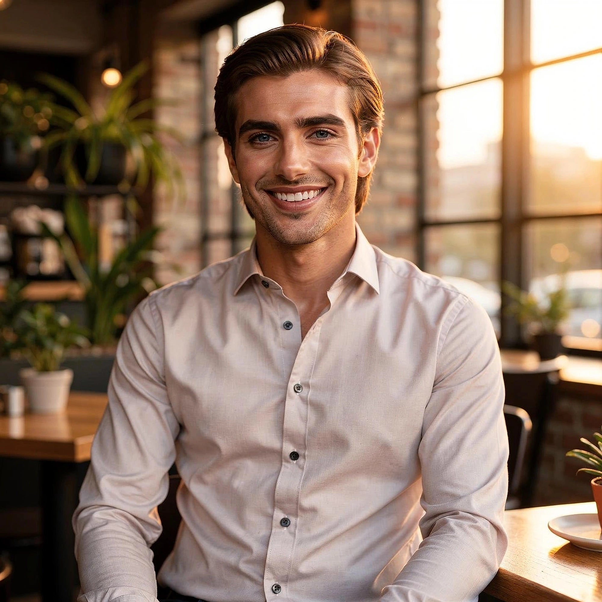 View of a tailored modern everyday shirt in light blue, featuring a crisp collar and subtle texture