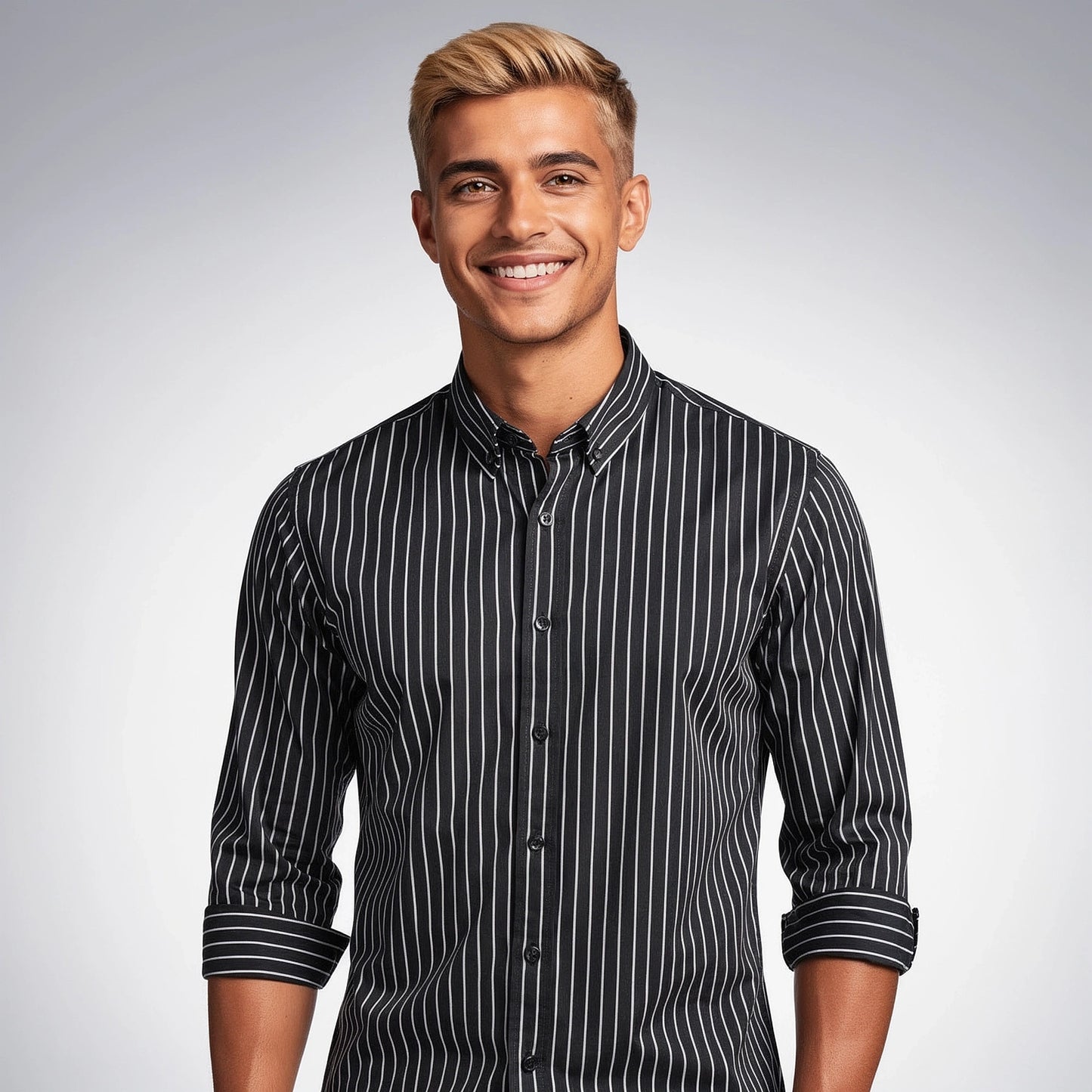View of a relaxed striped cotton shirt featuring soft fabric in light blue and white, showcasing the collar and button placket