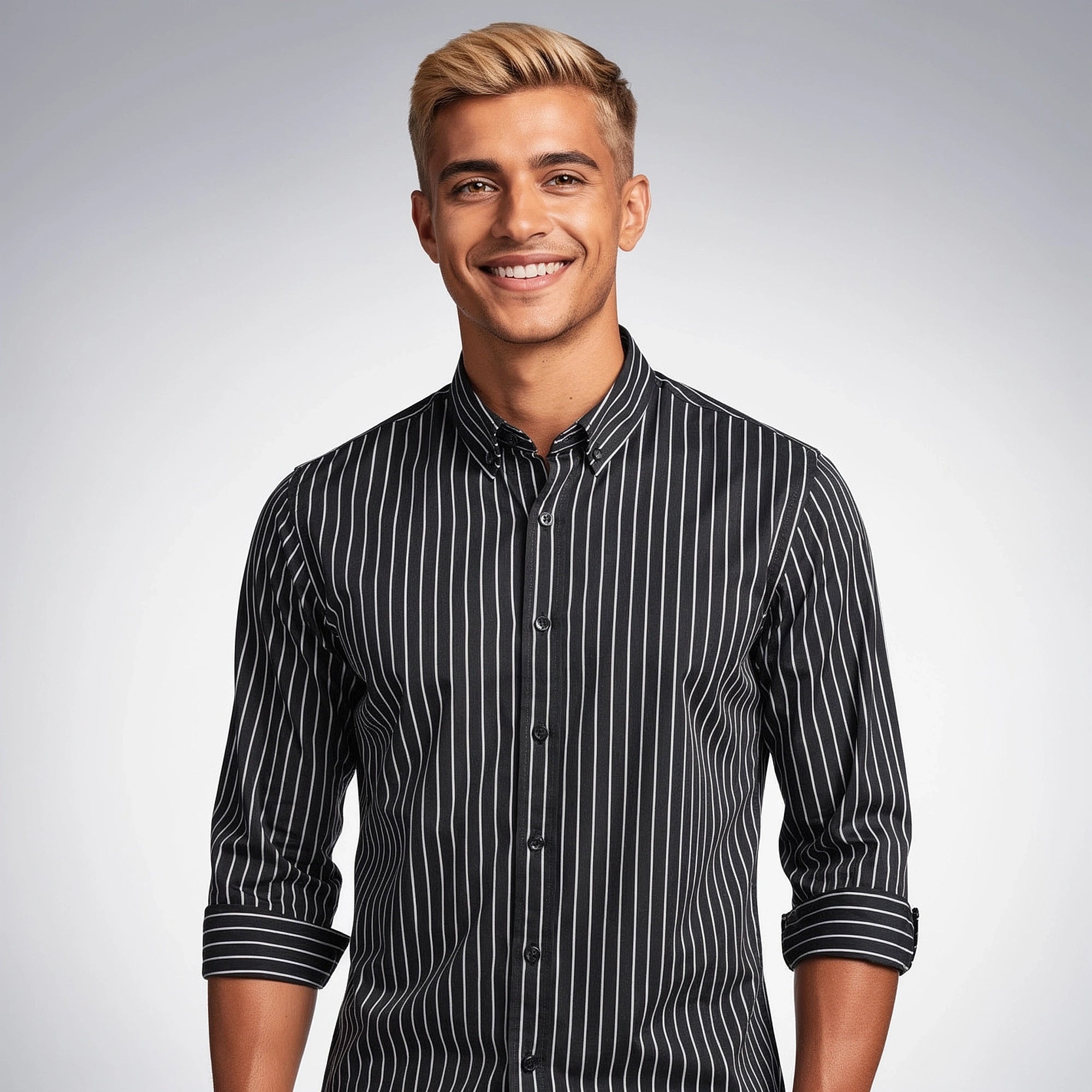 View of a relaxed striped cotton shirt featuring soft fabric in light blue and white, showcasing the collar and button placket