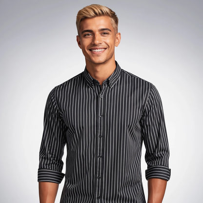 View of a relaxed striped cotton shirt featuring soft fabric in light blue and white, showcasing the collar and button placket