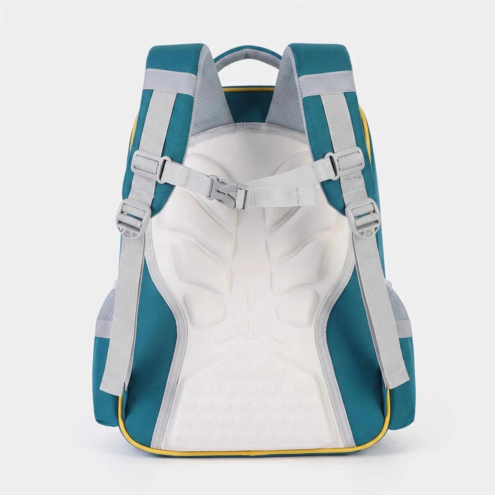View of a stylish molded nylon school backpack for kids, featuring a vibrant blue color and adjustable straps