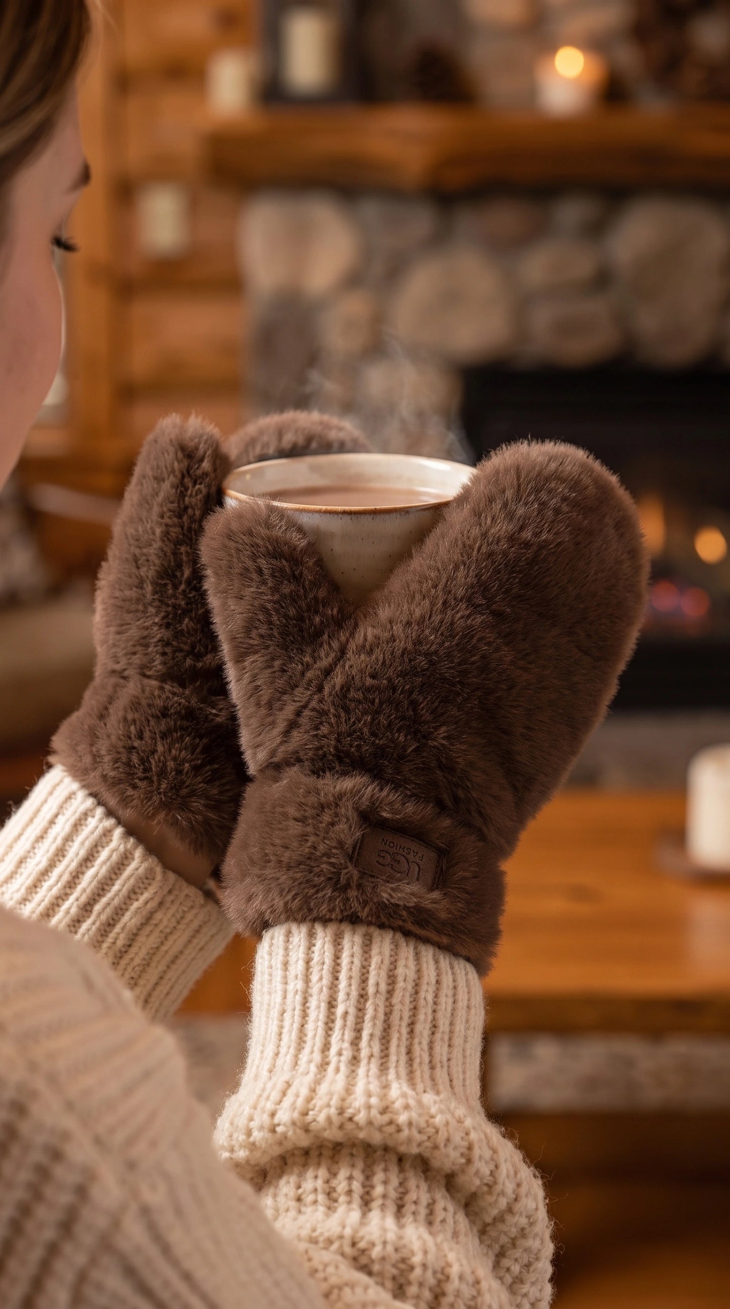 Close up view of the Womens Cozy Plush Winter Gloves showing the soft fabric texture, intricate stitching, and design details perfect for winter wear.