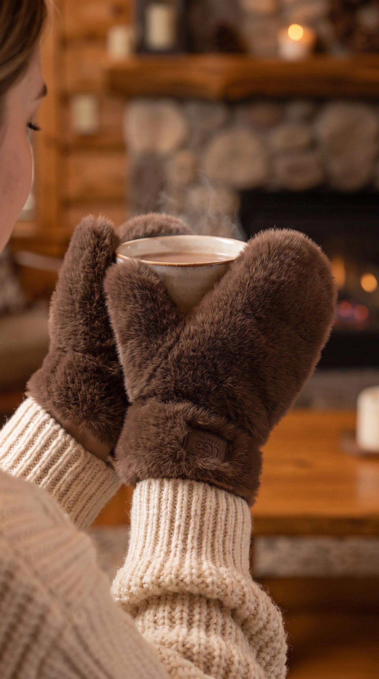 Close up view of the Womens Cozy Plush Winter Gloves showing the soft fabric texture, intricate stitching, and design details perfect for winter wear.
