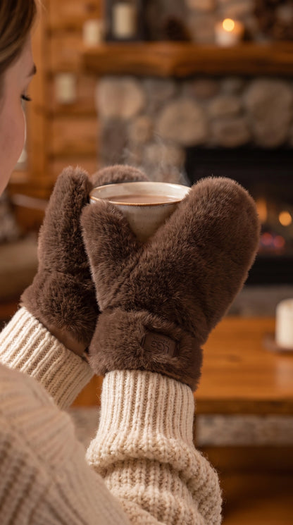 Close up view of the Womens Cozy Plush Winter Gloves showing the soft fabric texture, intricate stitching, and design details perfect for winter wear.
