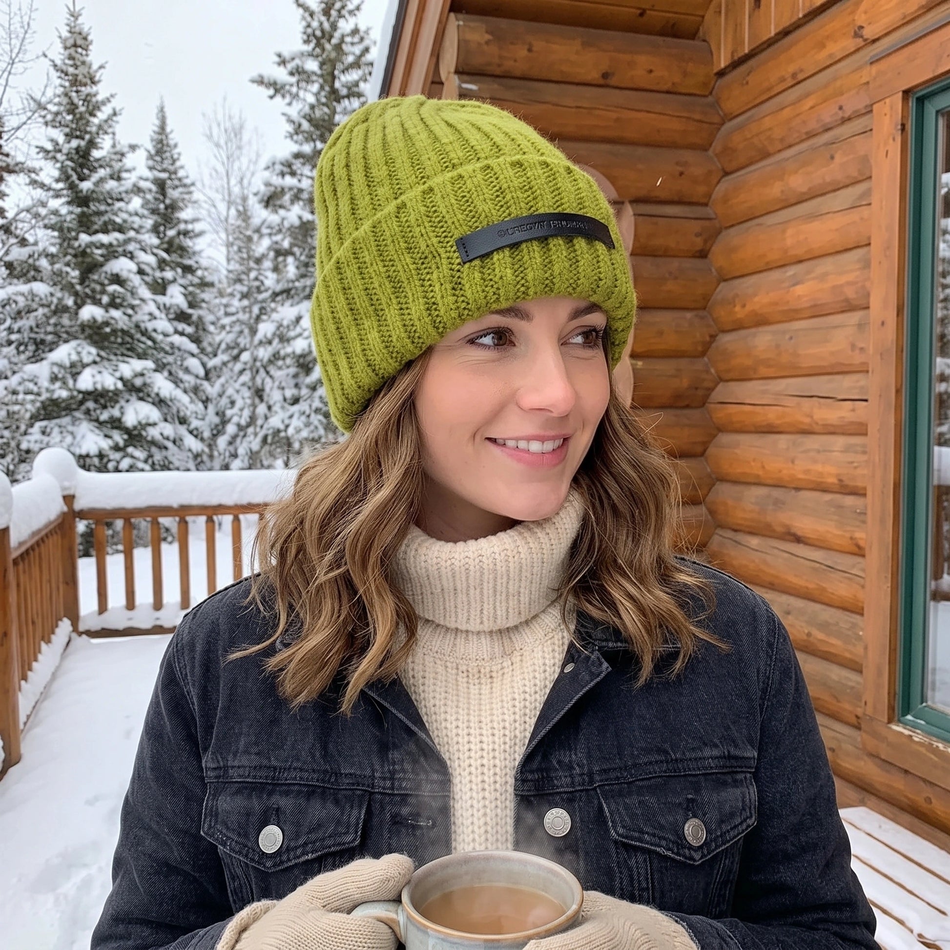 Back view of a model wearing the Womens Cozy Slouchy Winter Beanie in a soft cream color, showing the intricate knit pattern and relaxed fit.