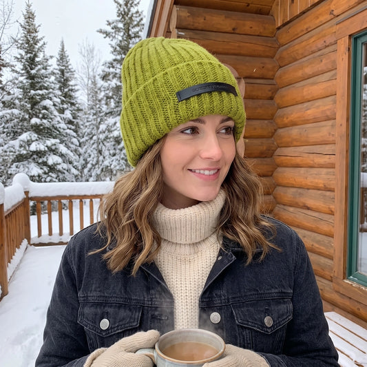 Back view of a model wearing the Womens Cozy Slouchy Winter Beanie in a soft cream color, showing the intricate knit pattern and relaxed fit.