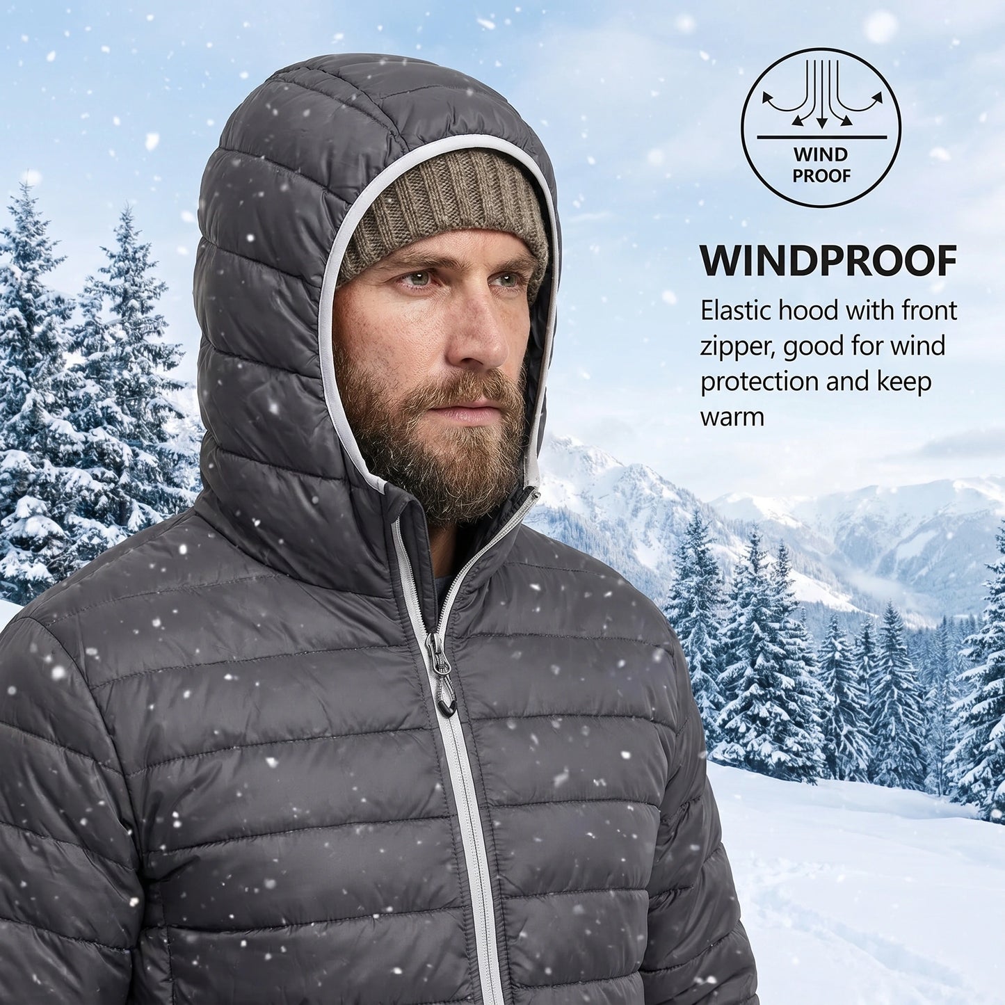 Close up of the men's lightweight warm winter puffer jacket showing the high quality stitching and soft fabric texture in a sleek United States color.