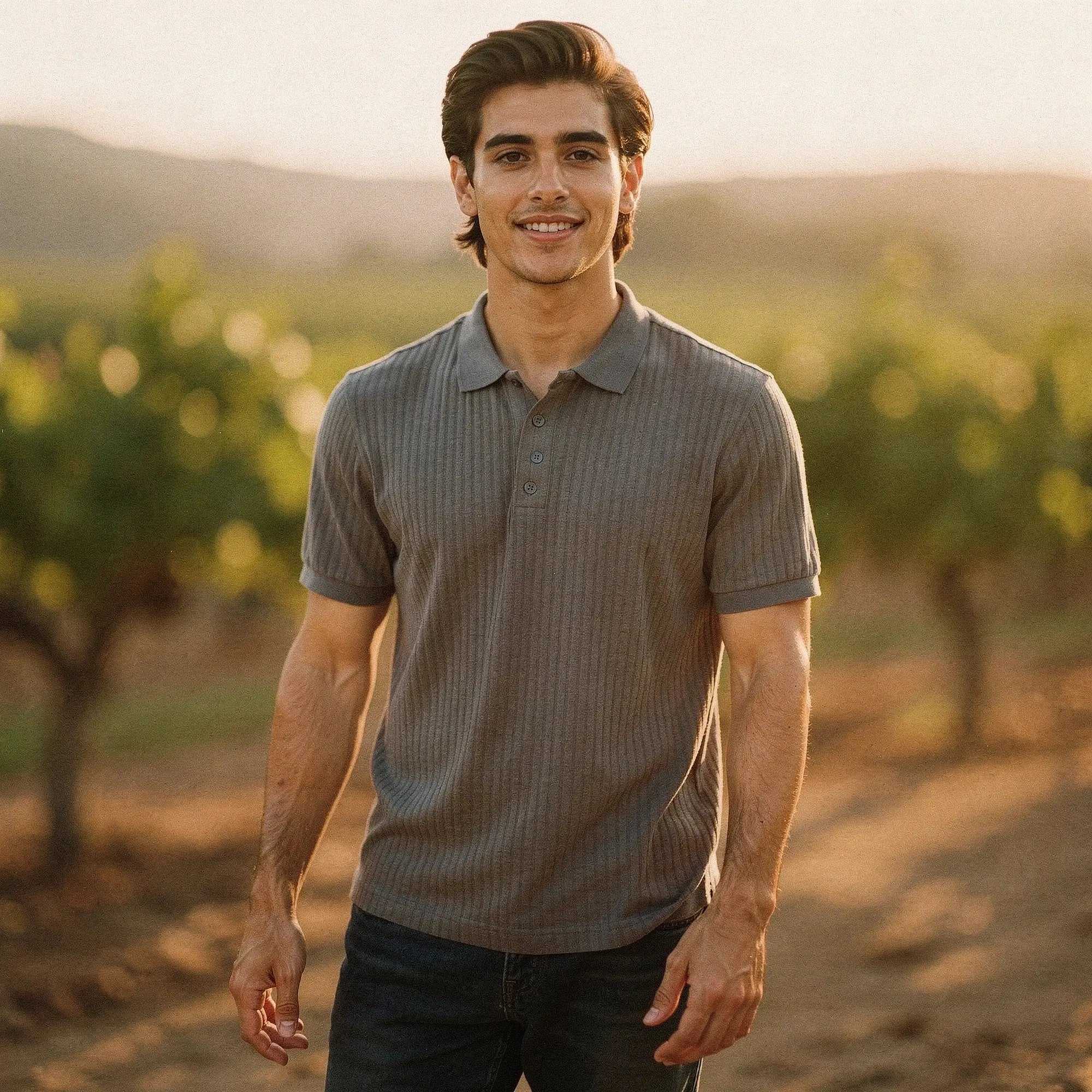 View of a slim fit short sleeve polo t shirt in light blue, made of breathable cotton, featuring a classic collar and subtle stitching