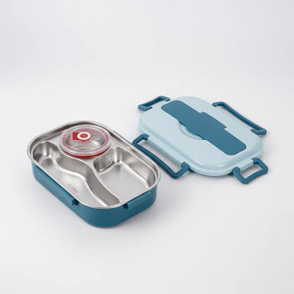 View of a contemporary stainless steel bento lunch box featuring a sleek design and secure lid, showcasing its eco friendly materials