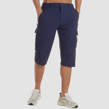 View of men's structured cargo shorts in khaki, featuring multiple pockets and a relaxed fit, perfect for summer wear