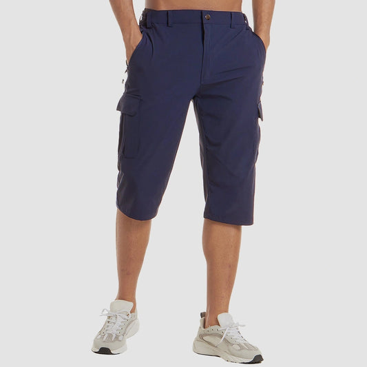 View of men's structured cargo shorts in khaki, featuring multiple pockets and a relaxed fit, perfect for summer wear