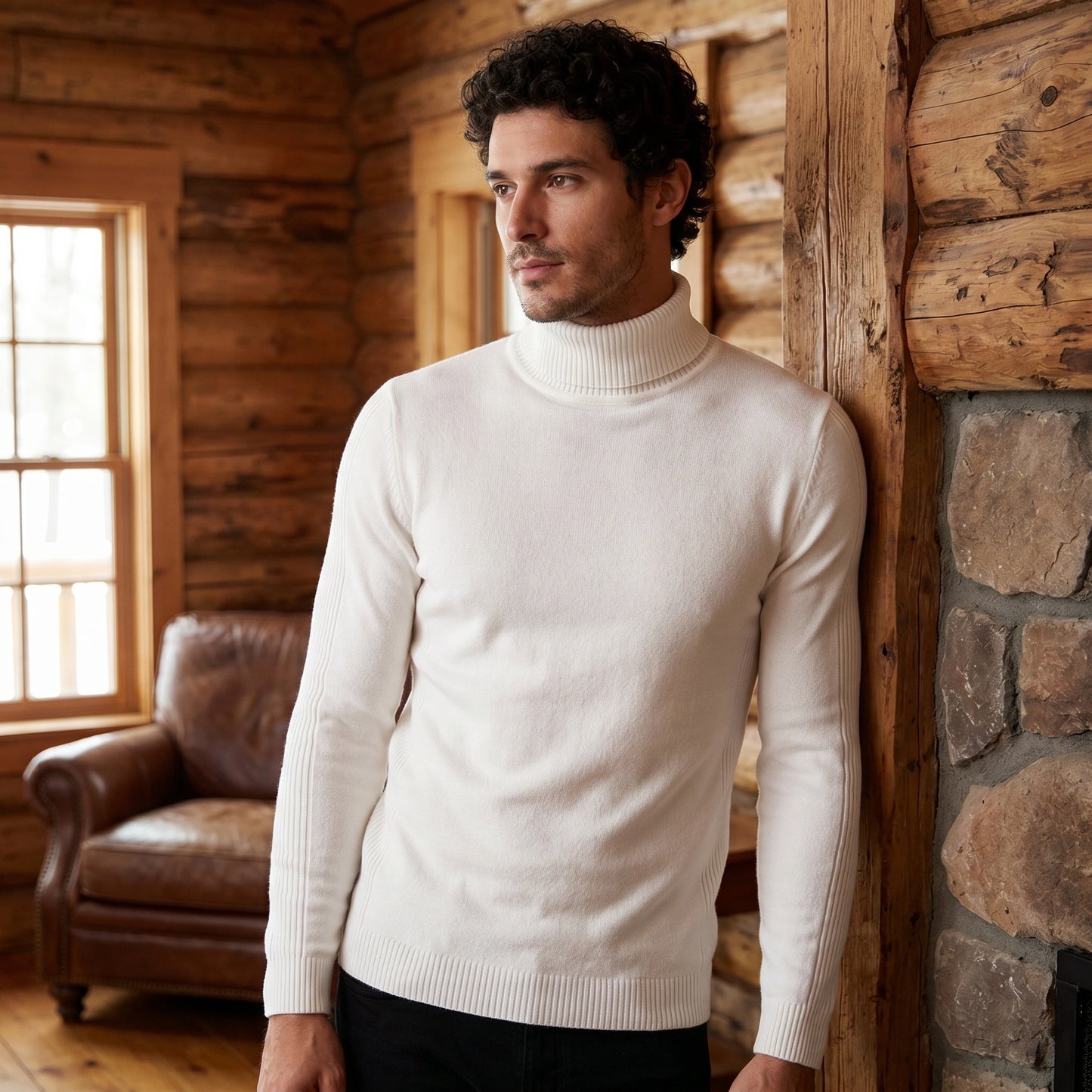 A model showcases a mens fitted turtleneck sweater in a rich navy color, styled with tailored trousers against a neutral backdrop.