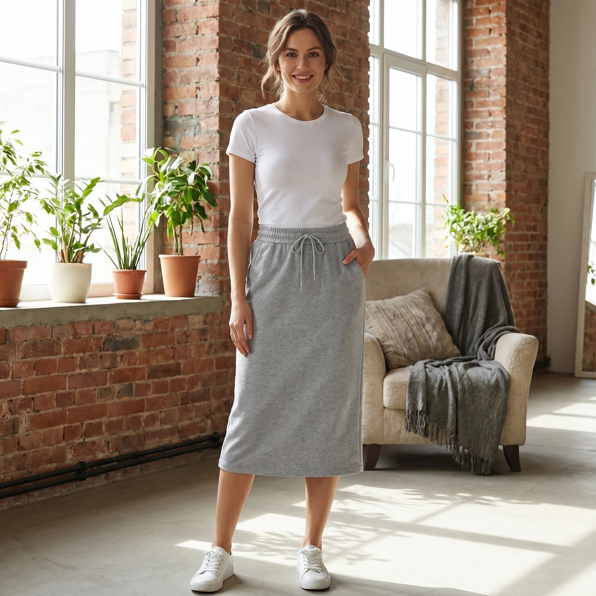 Back view of a model wearing a womens silky summer midi skirt in a soft pastel color, showing its high waisted design and flowing fabric details.