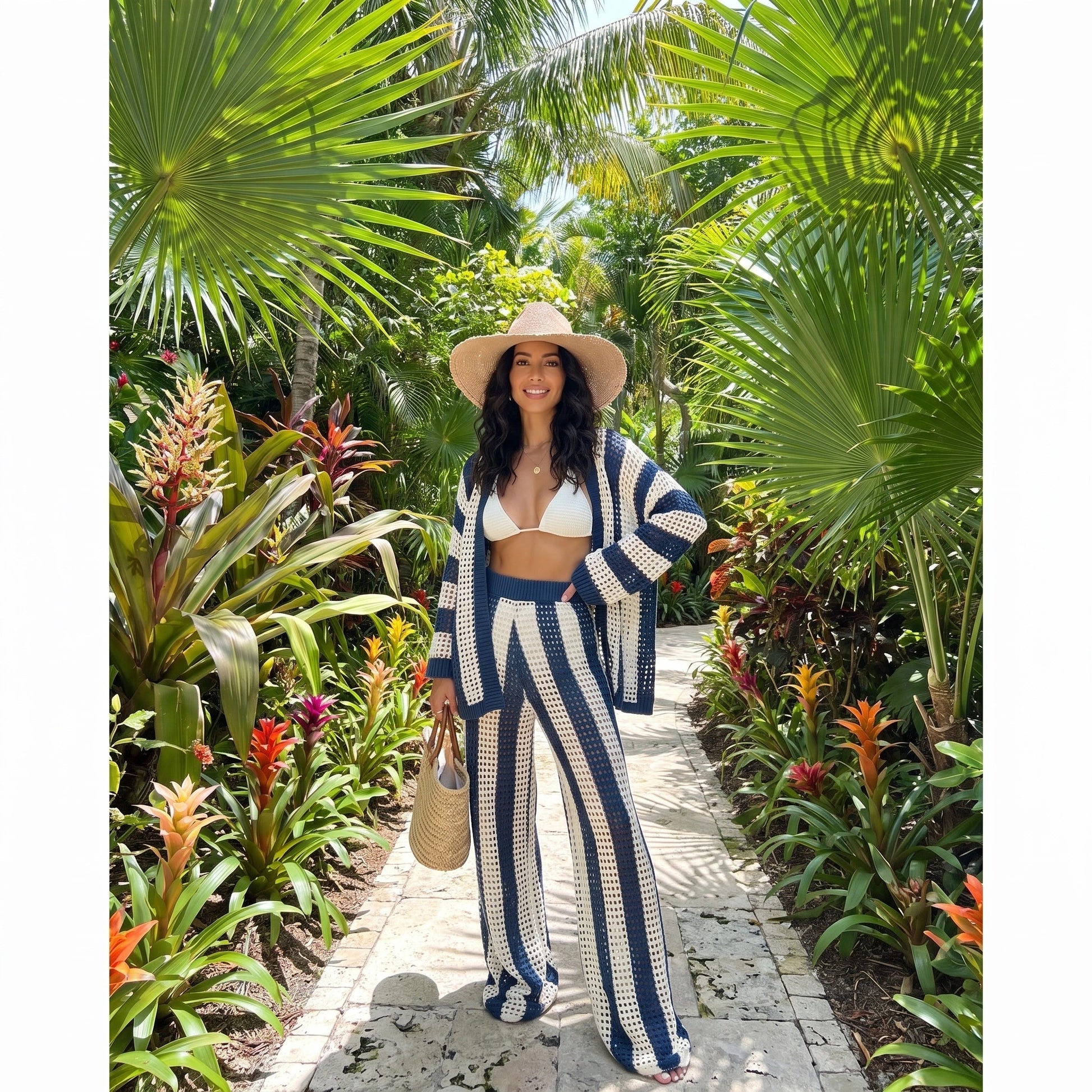 Close up view of the lightweight, airy fabric of the Womens Airy Boho Summer Beach Set, showing intricate stitching and vibrant summer colors ideal for effortless styling.