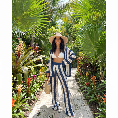 Close up view of the lightweight, airy fabric of the Womens Airy Boho Summer Beach Set, showing intricate stitching and vibrant summer colors ideal for effortless styling.